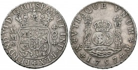 FERNANDO VI ( 1746-1759). 8 Reales. (Ar. 26,88g/39mm). 1757. México. MM. (Cal-2019-493). Corona real e imperial sobre columnas. MBC.