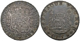FERNANDO VI ( 1746-1759). 8 Reales. (Ar. 27,01g/39mm). 1758. México. MM. (Cal-2019-494). Corona real e imperial sobre columnas. EBC-. Bonita pátina ir...