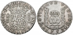 FERNANDO VI ( 1746-1759). 8 Reales. (Ar. 26,89g/39mm). 1759. México. MM. (Cal-2019-495). Corona real e imperial sobre columnas. MBC+