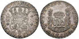 FERNANDO VI ( 1746-1759). 8 Reales. (Ar. 27,07g/39mm). 1760. México. MM. (Cal-2019-497). Corona real e imperial sobre columnas. EBC-