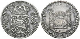 CARLOS III ( 1759-1788). 8 Reales. (Ar. 26,51g/39mm). 1767. Lima. JM. (Cal-2019-1027). MBC/MBC-.