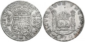CARLOS III ( 1759-1788). 8 Reales. (Ar. 26,88g/39mm). 1770. Lima. JM. (Cal-2019-1031). MBC+. Rayitas de limpieza.