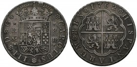 CARLOS III (1759-1788). 8 Reales. (Ar. 26,86g/39mm). 1762 Madrid. JP. (Cal-2019-1061). Único año de acuñación. MBC. Raro.