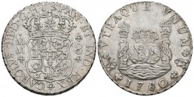 CARLOS III ( 1759-1788). 8 Reales. (Ar. 26,75g/38mm). 1760. México. MM. (Cal-2019-1073). Primer año de acuñación. EBC-.