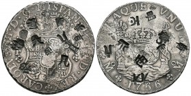 CARLOS III (1759-1788). 8 Reales. (Ar. 26,87g/38mm). 1766. México. MF. (Cal-2019-1090). Numerosos resellos orientales. Originalidad de los resellos a ...
