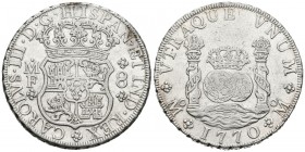 CARLOS III (1759-1788). 8 Reales. (Ar. 26,83g/38mm). 1770. México. MF. (Cal-2019-1099). MBC+. Marquitas en reverso
