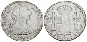 CARLOS III (1759-1788). 8 Reales. (Ar. 26,97/39mm). 1784. México. FM. (Cal-2019-1126). MBC. Limpiada