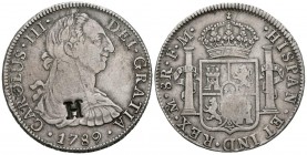 CARLOS III (1759-1788). 8 Reales. (Ar. 26,87/39mm). 1789. México. FM. (Cal-2019-1134). Resello H en anverso. MBC. Rayas de ajuste.