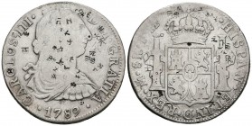 CARLOS III (1759-1788). 8 Reales. (Ar. 26,48/39mm). 1789. México. FM. (Cal-2019-1134). BC+. Resellos orientales.