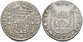 CARLOS III (1759-1788). 8 Reales. (Ar. 26,56/39mm). 1770. Potosí. JR. (Cal-2019-1168). MBC. Perforación tapada.
