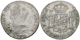 CARLOS III (1759-1788). 8 Reales. (Ar. 26,98g/40mm). 1783. Potosí PR. (Cal-2019-1186). MBC+. Ligera oxidación limpiada.