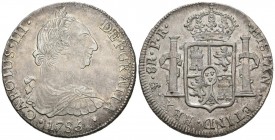 CARLOS III (1759-1788). 8 Reales. (Ar. 27,03/39mm). 1785. Potosí. JR. (Cal-2019-1189). EBC-. Marquitas en anverso.