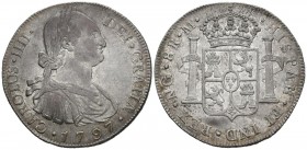 CARLOS IV (1788-1808). 8 Reales. (Ar. 26,91/39mm). 1797. Guatemala. M. (Cal-2019-890). EBC-. Restos de brillo original. Pátina irisada.