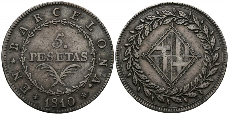 CATALUÑA NAPOLEONICA (1808-1814). 5 Pesetas. (Ar. 26,78g/40mm). 1810. Barcelona....