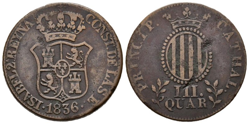 ISABEL II (1833-1868). 3 Cuartos. (Ae. 7,24g/26mm). 1836. Barcelona. (Cal-2019-1...