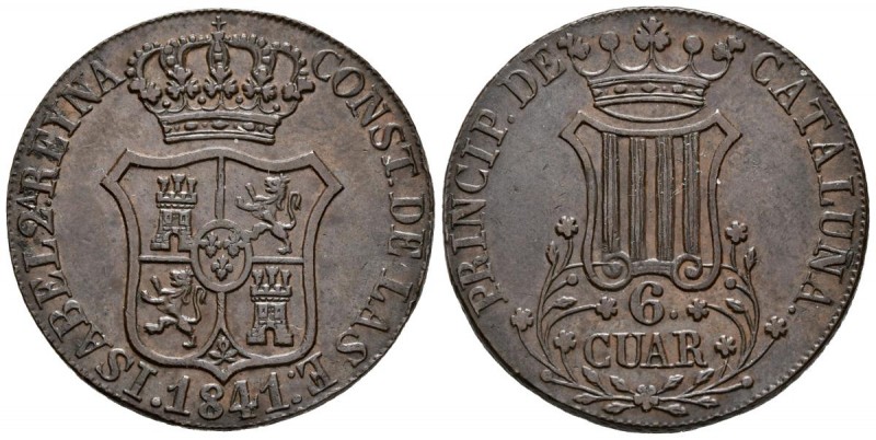 ISABEL II (1833-1868). 6 Cuartos. (Ae. 13,98g/32mm). 1841. Barcelona. (Cal-2019-...