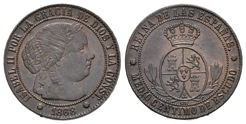 ISABEL II (1833-1868). 1/2 Céntimo de Escudo. (Ae. 1,22g/16mm). 1868. Barcelona ...