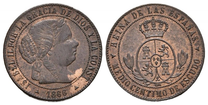 ISABEL II (1833-1868). 1/2 Céntimo de Escudo. (Ae. 1,26g/16mm). 1866. Segovia OM...