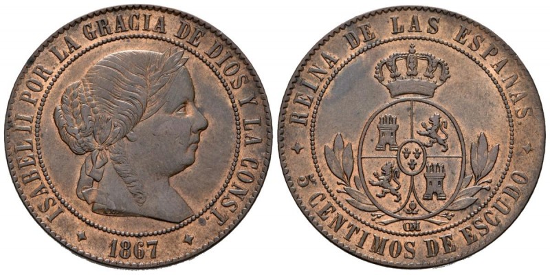 ISABEL II (1833-1868). 5 Céntimos de Escudo. (Ae. 12,01g/32mm). 1868. Jubia OM. ...