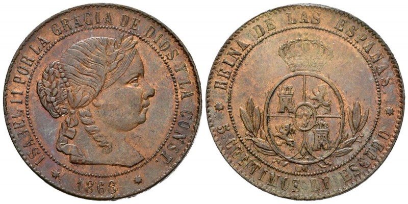 ISABEL II (1833-1868). 5 Céntimos de Escudo. (Ae. 12,01g/32mm). 1868. Sevilla OM...