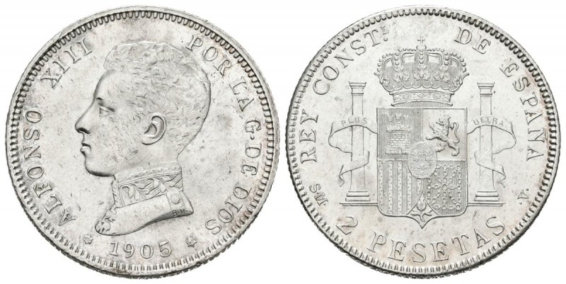 ALFONSO XIII (1885-1931). 2 Pesetas. (Ar. 9,85g/27mm). 1905 *19-05. Madrid SMV. ...