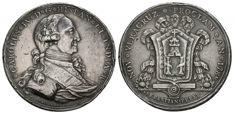 CARLOS IV (1788-1808). Proclamación en Veracruz, México. (Ar. 30,04g/40mm). 1789...