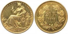 Monete Estere - Svizzera - Repubblica federale (dal 1848) 20 Franchi 1873 del tipo senza il segno di zecca dietro i capelli dell'Elvezia seduta sul dr...