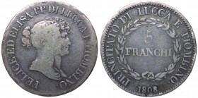 Lucca e Piombino - Elisa Bonaparte e Felice Baciocchi (1805-1814) 5 Franchi del III° tipo con busti medi 1808 - Gig. 5 - R - Ag - colpetti sul bordo g...