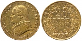 Stato Pontificio - Roma - Pio IX (Giovanni Maria Mastai Ferretti) 1846-1878 20 Lire 1866 Anno XXI - Gig. 266 - Au gr. 6,44 
SPL

This item can be s...