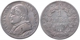 Stato Pontificio - Roma - Pio IX (Giovanni Maria Mastai Ferretti) 1846-1878 - 1 Lira 1866 Anno XXI - Gig. 297 - Ag - evidenti segni sul dritto
BB+
...