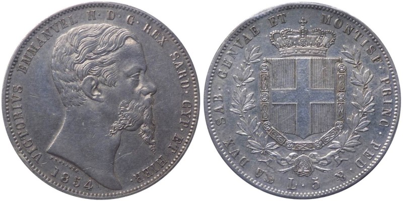 Vittorio Emanuele II (1849-1861) 5 Lire 1854 - Zecca di Genova - Gig. 37 - R - A...