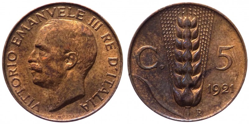 Vittorio Emanuele III (1900-1943) 5 Centesimi 1921 "Spiga" del II° Tipo - Gig. 2...