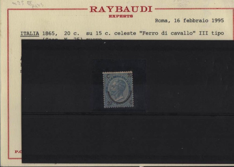 ITALIA REGNO - 1865 Cent. 20 su 15 celeste chiaro. Ferro di cavallo - III tipo -...