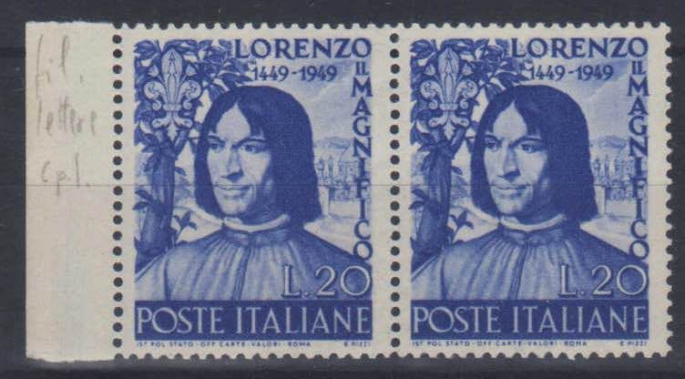 ITALIA REPUBBLICA - 1949 Lorenzo Il Magnifico - (609) - 2 esemplari - Filigrana ...