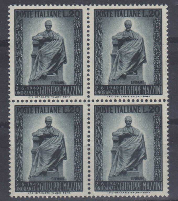 ITALIA REPUBBLICA - 1949 Mazzini - (604) - Quartina - ben centrati
(**)/Nuovi s...