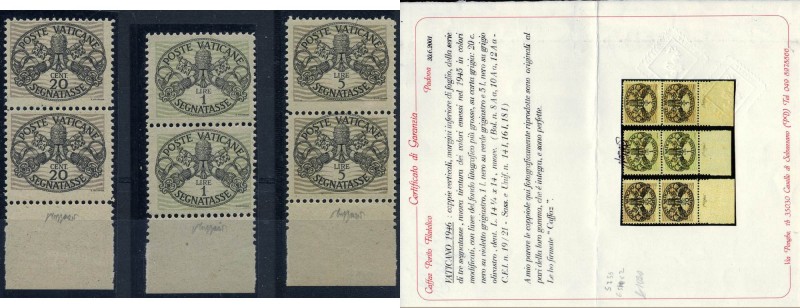 VATICANO - Segnatasse - 1946 - Carta grigia - (14 I, 16 I e 18 I) - Coppia - Cer...