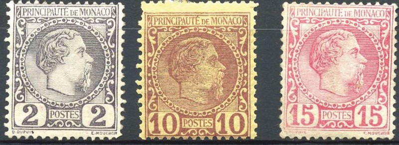 MONACO - 1885 - Carlo III - 2, 10 e 15 Cent. - Cat. 630 €
(**)/Nuovi senza ling...