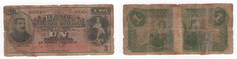 Bolivia - Banco Francisco Argandona - 1 Boliviano 1898 - N°U00454 - P147a - Pieg...