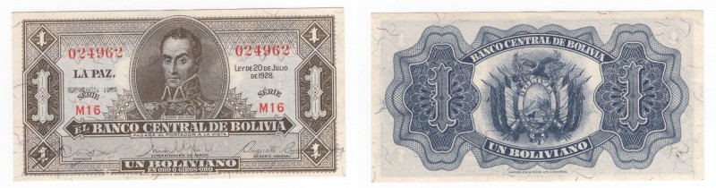 Bolivia - Banca Centrale della Bolivia - 1 Boliviano 1952 - "Simon Bolivar" - Se...