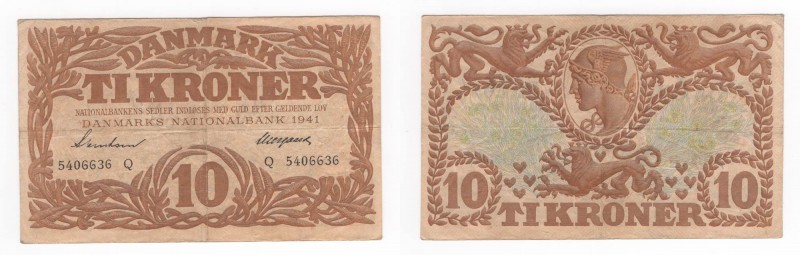 Danimarca - Banca Nazionale della Danimarca - 10 Kroner 1941 - N°Q5406636 - Pieg...