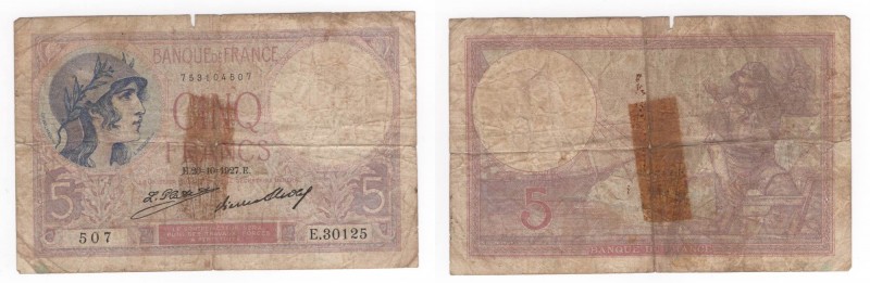 Francia - Banca di Francia - 5 Francs 1927 "Helmeted Woman" - N°507 - P72d - Pie...