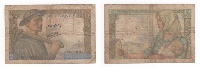 Francia - Banca di Francia - 10 Francs 1944 "Minatore" - N°W.10 - P99 - Pieghe /...