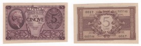 Luogotenenza di Umberto II - Luogotenenza - 5 lire tipo "Atena" - emissione del 23-11-1944 (1946) - N&deg;serie: 0017 083747 - Firme: Ventura, Simones...