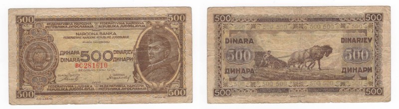 Jugoslavia - Banca Nazionale - 500 Dinara 1946 - "Partisan"- P66a - Pieghe / Mac...