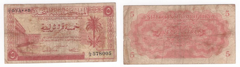 Lybia - Regno Unito della Libia - 5 Piastres 1951 - "Treasury"- P5 - Pieghe / Ma...