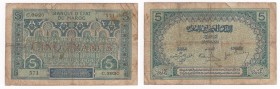 Marocco - Protettorato francese (1912-1956) - 5 francs - emissione del 1924 - N°serie C.3920 571 - Firme: Guessous / Desoubry / Cambon - Pick#9d
B
...