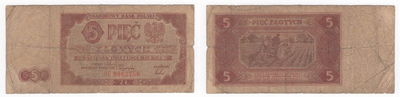 Polonia - Banca Nazionale Polacca - 5 Zlotych 1948 - P135 - Pieghe / Strappi / M...