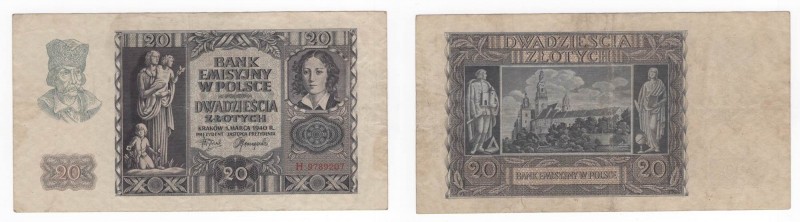 Polonia - Banca Polacca - 20 Zlotych 1940 - "Emilie Plater"- P95 - Pieghe / Macc...