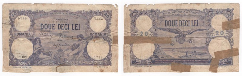 Romania - Banca Nazionale della Romania - 20 Lei 1914 - P20 - Pieghe / Strappi /...