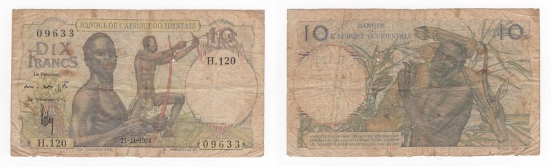 Togo - Banca dell'Africa Occidentale - 10 Franchi 1953 - P37 - Pieghe / Strappi ...